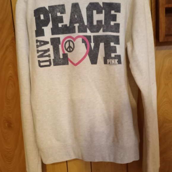 Victoria's Secret PINK Full Zip Hoodie Jacket Large Grey "Peace and Love"-#115 - Picture 3 of 4